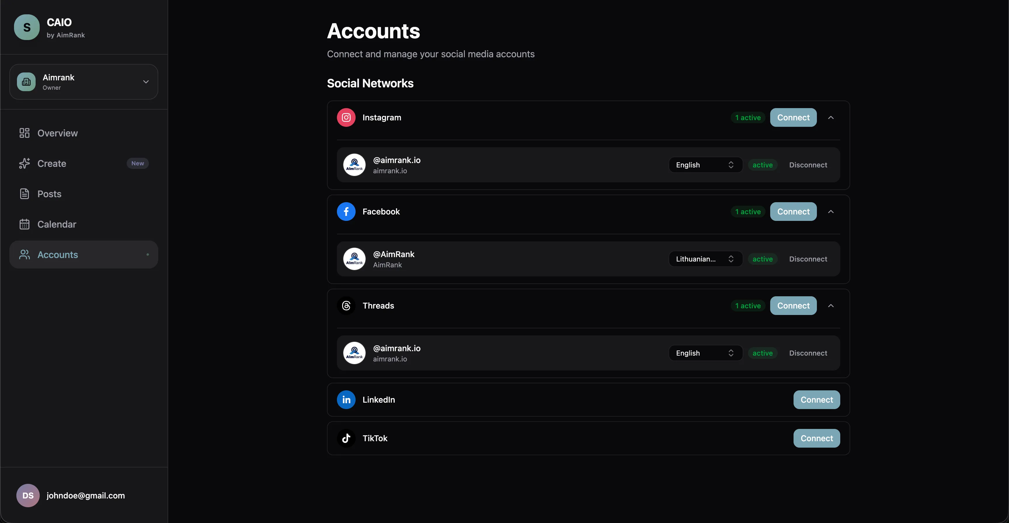 CAIO Accounts - Connect and manage social accounts
